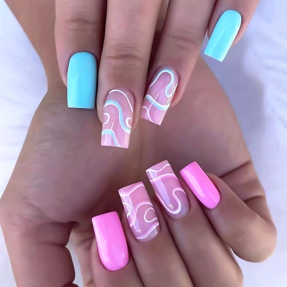 pink and blue nail designs Niche Utama Home BELICEY Pink Blue Press on Nails Medium Square Coffin Fake Nails with Nail  Glue Glossy False Nails with Colorful Fantasy Stripe Designs Acrylic Nails
