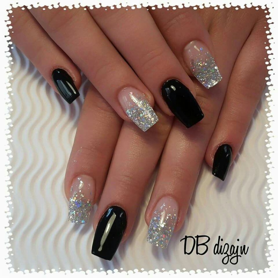 black and silver nail designs Niche Utama Home Black silver nails  Black nails with glitter, Silver nails, Black